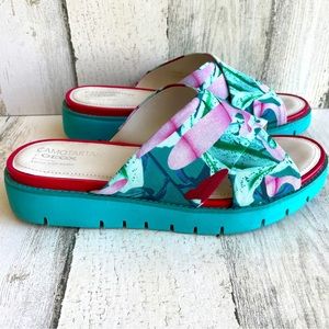 GEOX SANDALS SIZE 7.5 SIZE EU 37.5 LEATHER WEDGE FLORAL PINK GREEN COMFORT SHOE